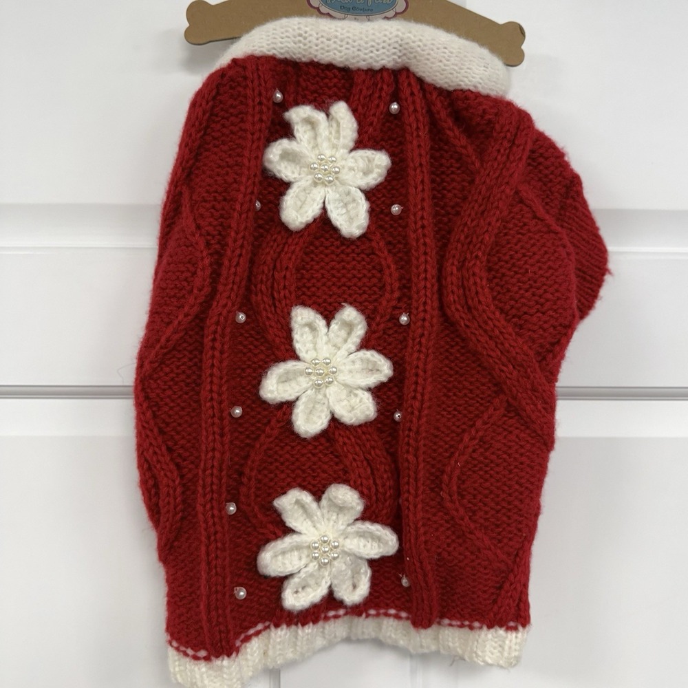 NWT Pret A Paw Cable Knit Dog Sweater w/ Flower Appliqué L Dogs Frou Frou